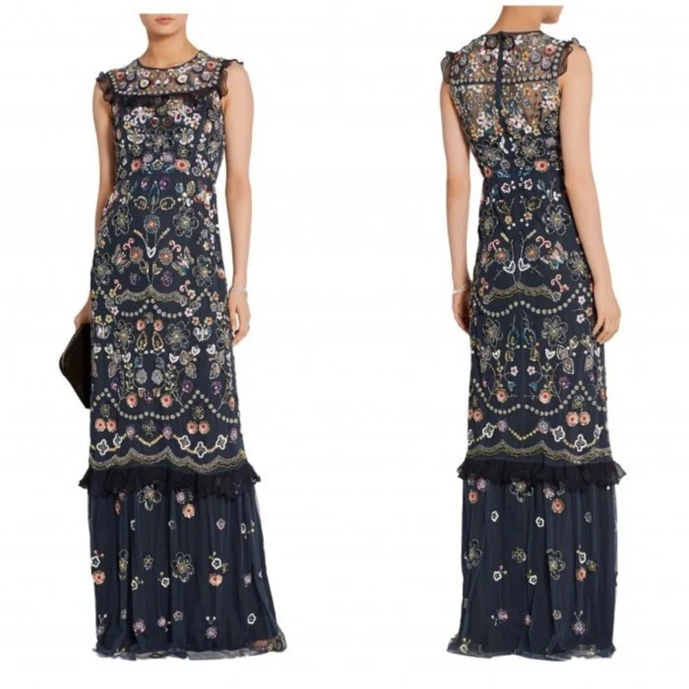Needle & Thread Butterfly Garden Ruffle Trimmed Embellished Tulle Dress Navy 6